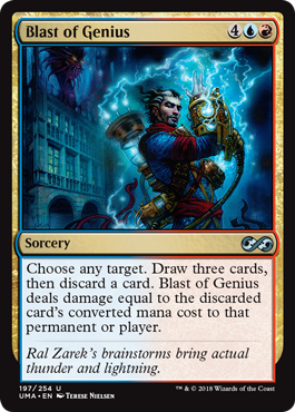Blast of Genius
 Choose any target. Draw three cards, then discard a card. Blast of Genius deals damage equal to the discarded card's converted mana cost to that permanent or player.